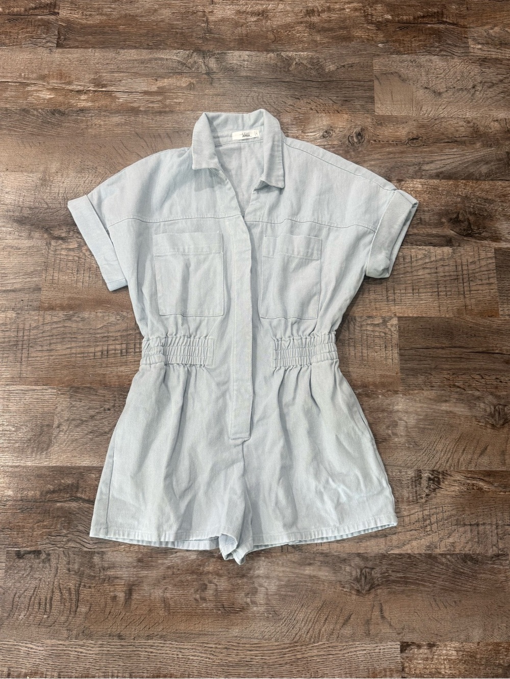 Talulah Women's L Light Blue Denim Cotton Collared Button Romper Pockets EUC